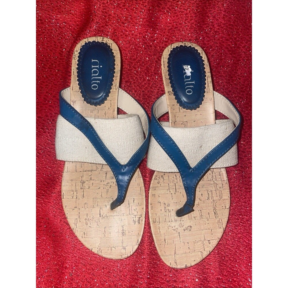 Rialto Allana Sz 7.5M Women’s Blue Faux leather thong sandals Fabric detail boho